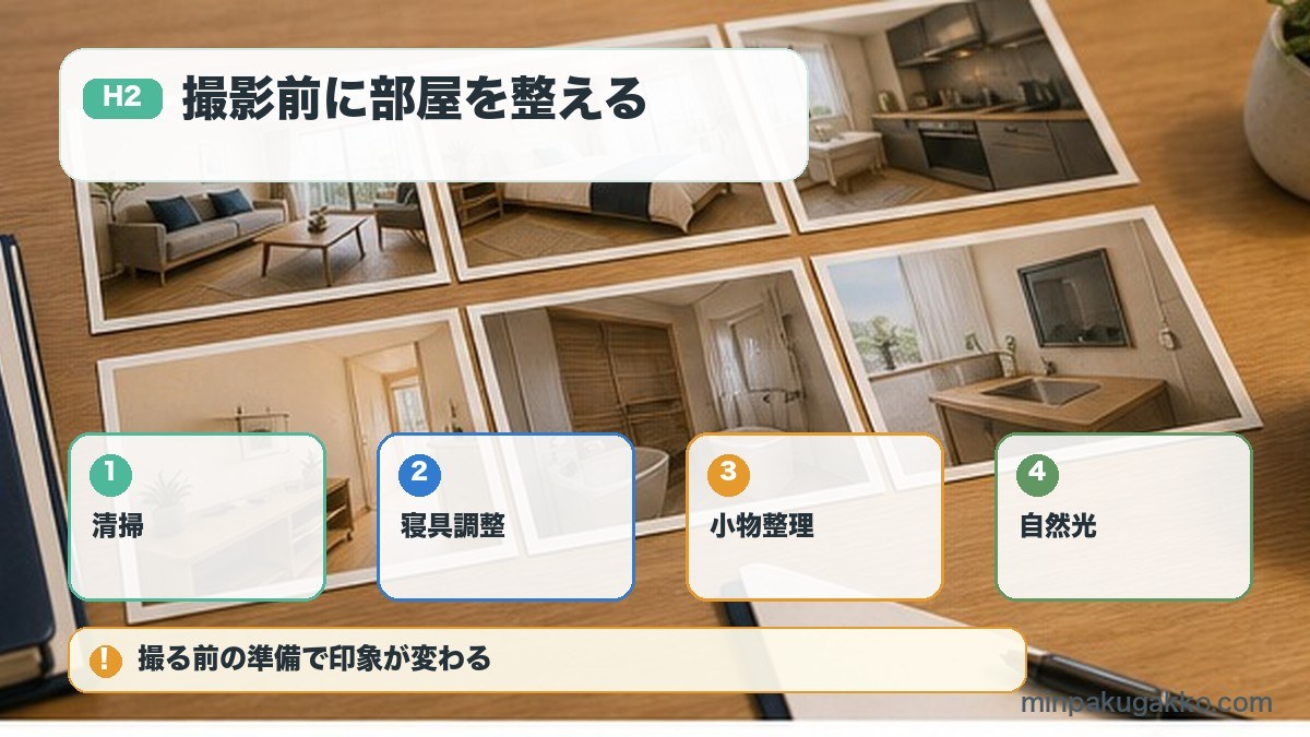 民泊写真の清掃寝具調整小物整理自然光を整える図解