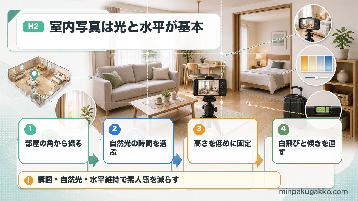 民泊の室内写真で部屋の角から撮る、自然光、低めの高さ、白飛びと傾き補正を示した図