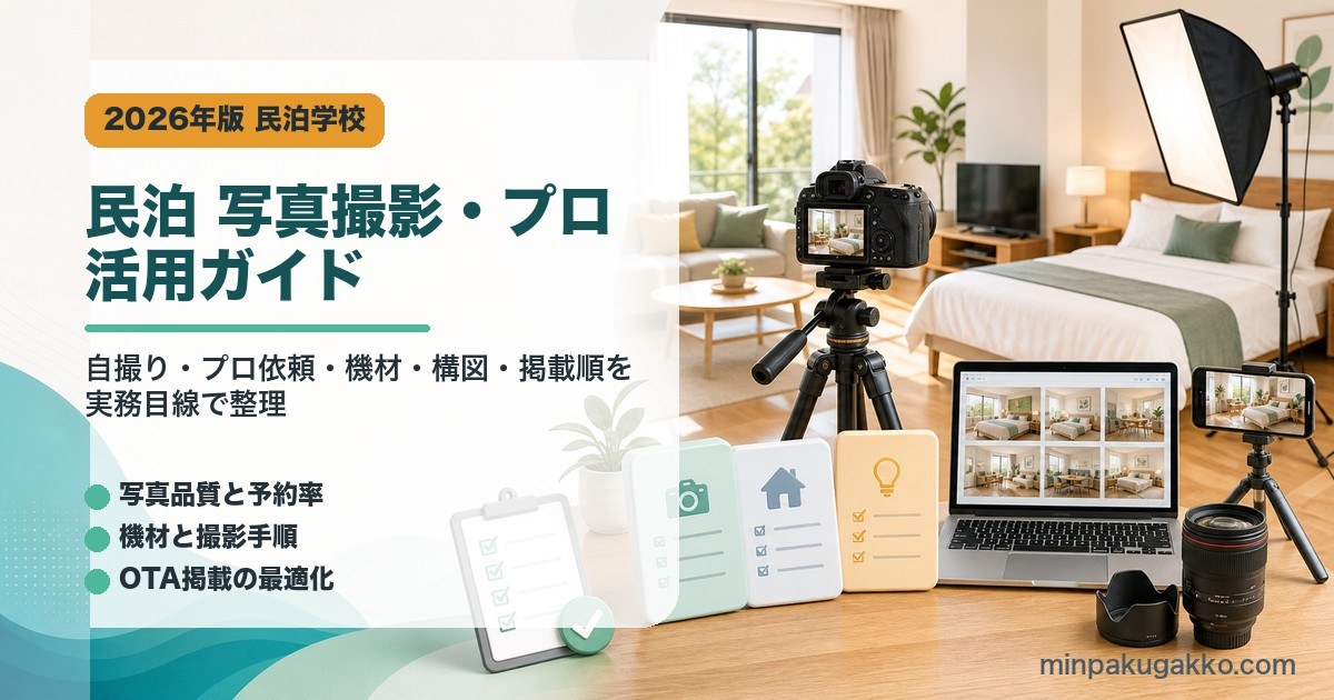 民泊の写真撮影とプロカメラマン活用ガイドを示すアイキャッチ画像