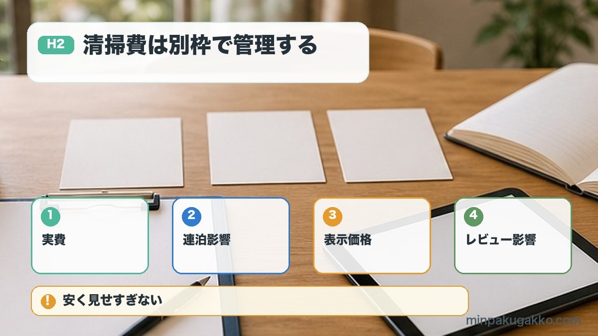 民泊の清掃費を実費連泊影響表示価格レビュー影響で管理する図解