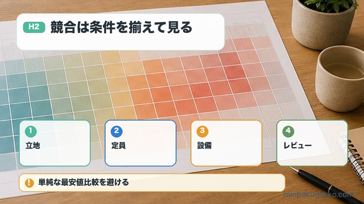 民泊価格の競合分析を立地定員設備レビューで比較する図解