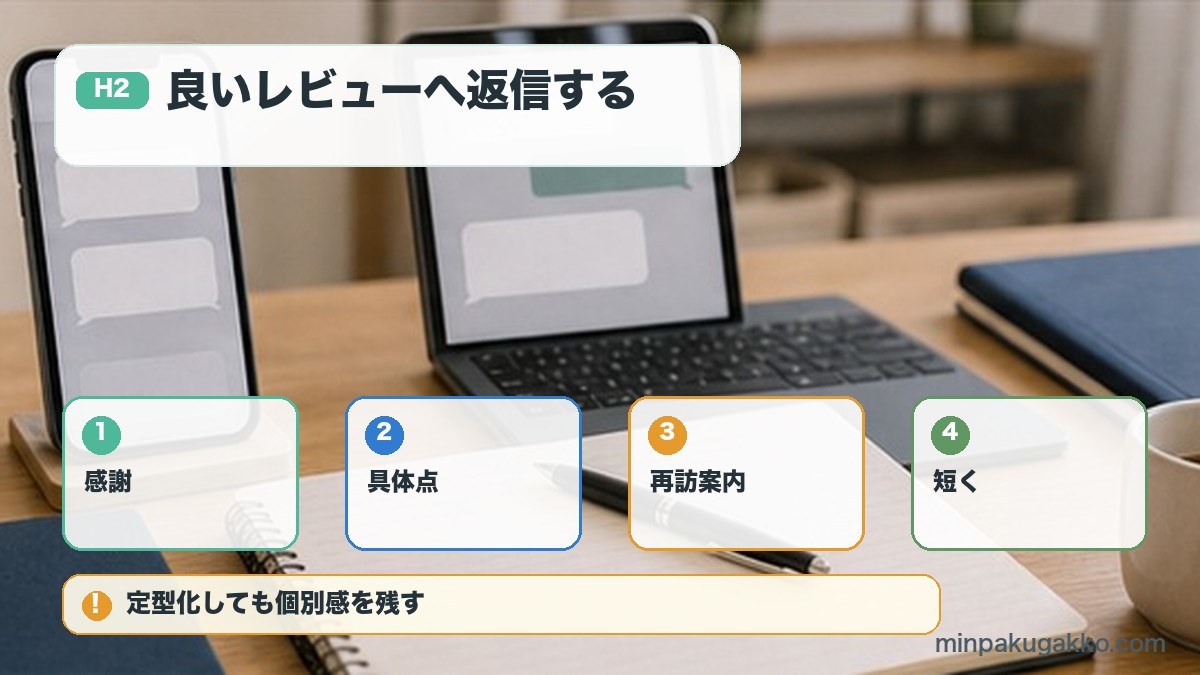 良いレビューへ返信するを感謝、具体点、再訪案内、短くで整理する図解