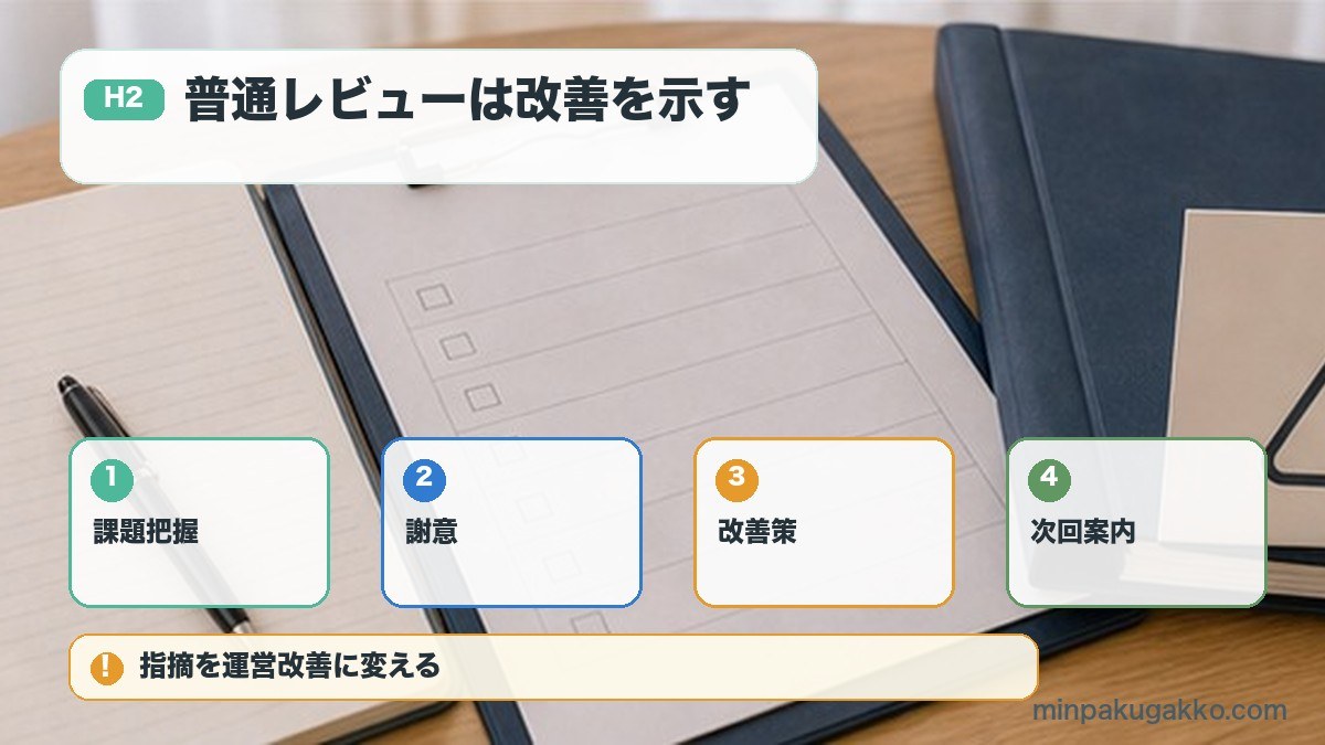 普通レビューは改善を示すを課題把握、謝意、改善策、次回案内で整理する図解