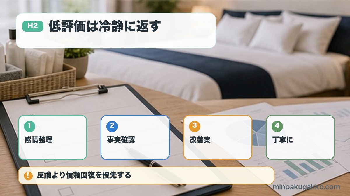 低評価は冷静に返すを感情整理、事実確認、改善案、丁寧にで整理する図解