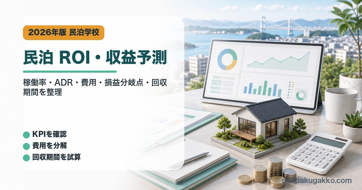 民泊のROIと収益予測で稼働率、ADR、費用、損益分岐点、投資回収期間を整理したアイキャッチ画像