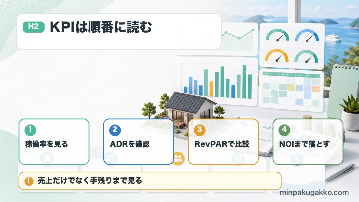 民泊収益予測で稼働率、ADR、RevPAR、NOIを順番に確認する図