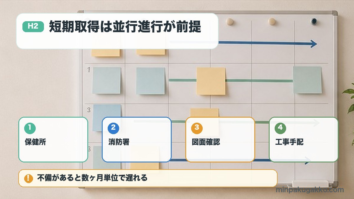 旅館業許可を保健所消防署図面確認工事手配で並行進行する図解