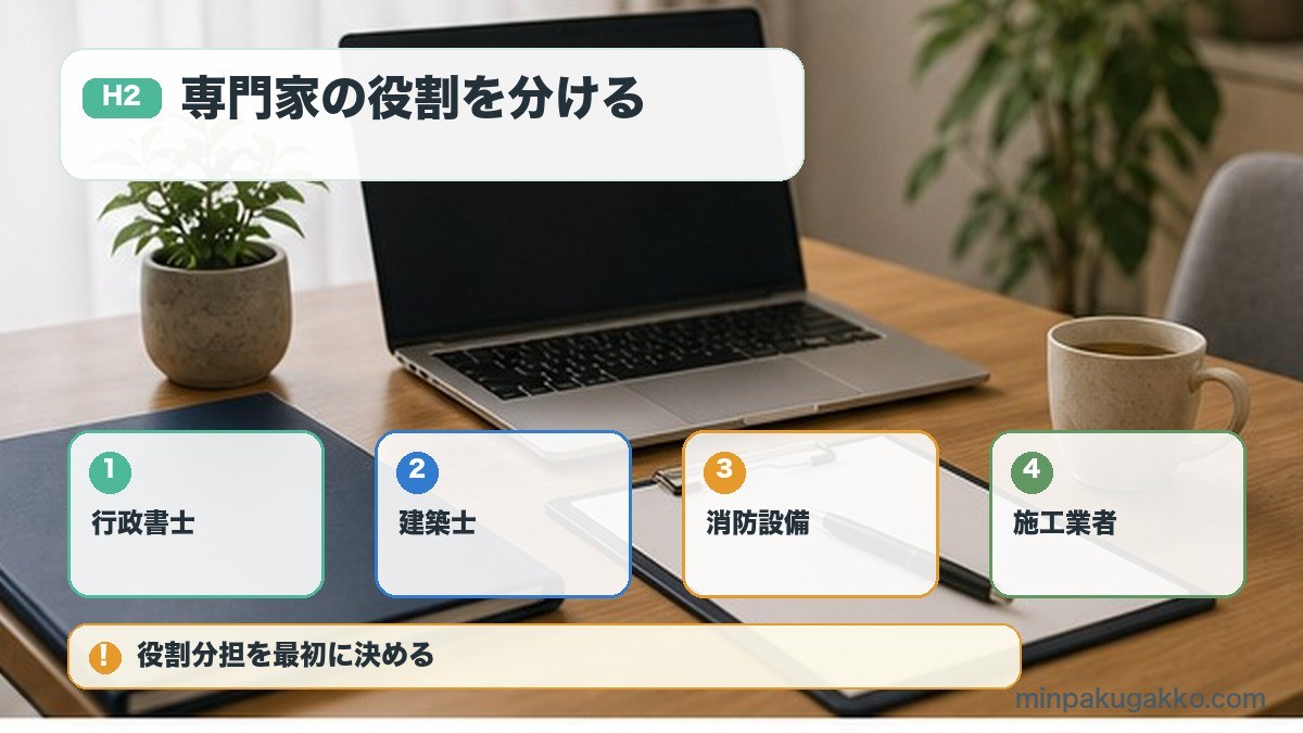 旅館業許可で行政書士建築士消防設備施工業者の役割を整理する図解