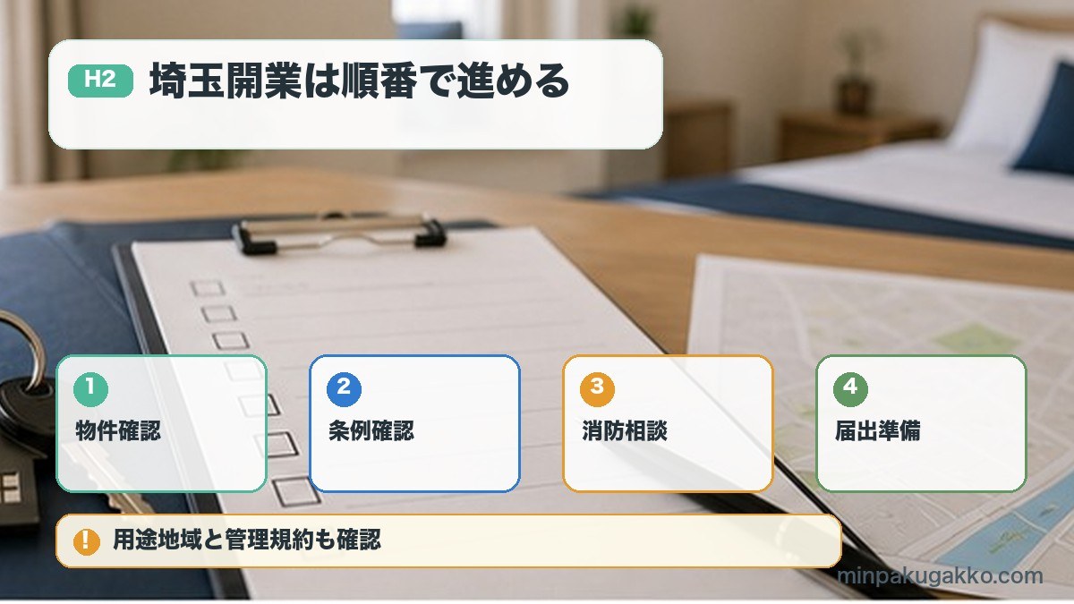 埼玉開業は順番で進めるを物件確認、条例確認、消防相談、届出準備で整理する図解