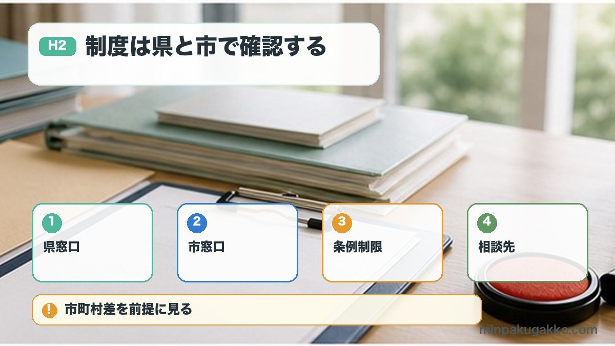制度は県と市で確認するを県窓口、市窓口、条例制限、相談先で整理する図解