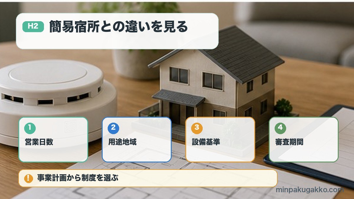 簡易宿所との違いを比較するを営業日数、用途地域、設備基準、審査期間で整理する図解