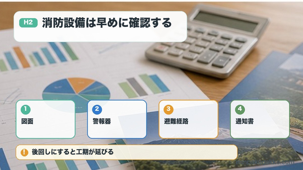 消防設備は早めに確認するを図面、警報器、避難経路、通知書で整理する図解