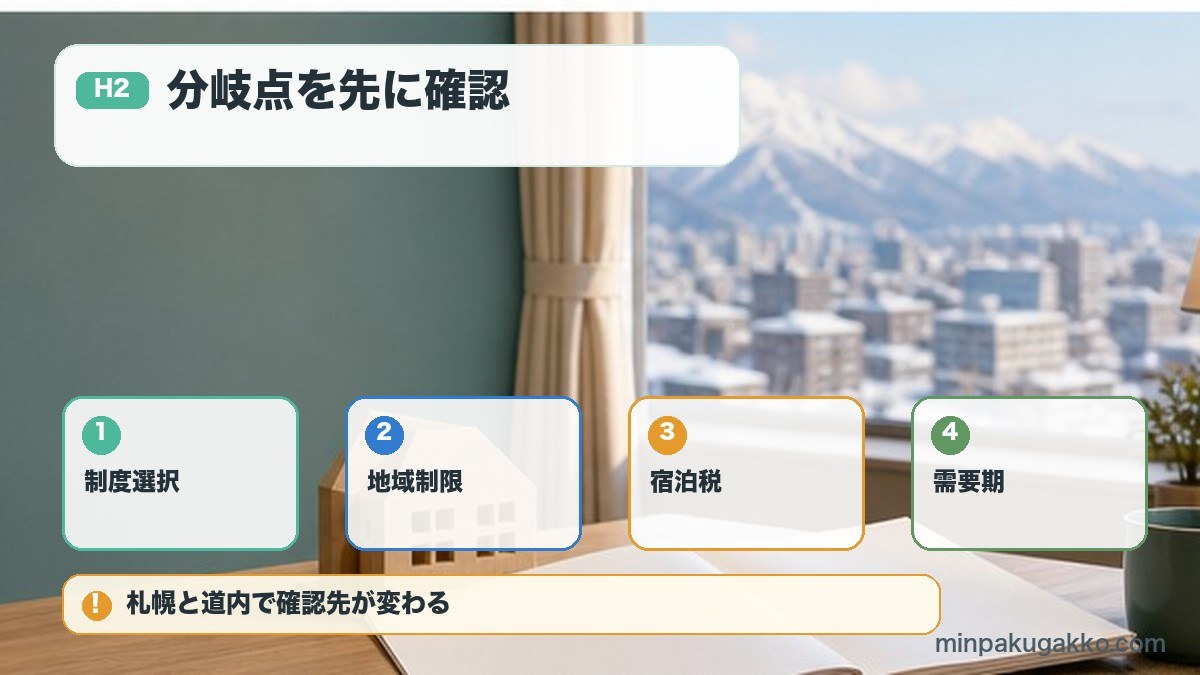 分岐点を先に確認を制度選択、地域制限、宿泊税、需要期で整理する図解