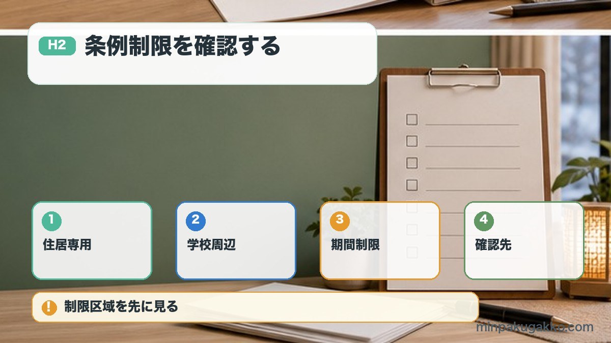 条例制限を確認するを住居専用、学校周辺、期間制限、確認先で整理する図解