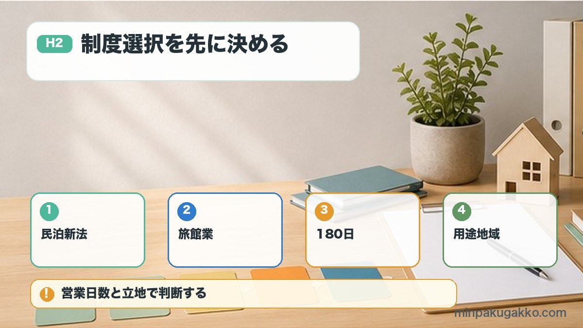 制度選択を先に決めるを民泊新法、旅館業、180日、用途地域で整理する図解
