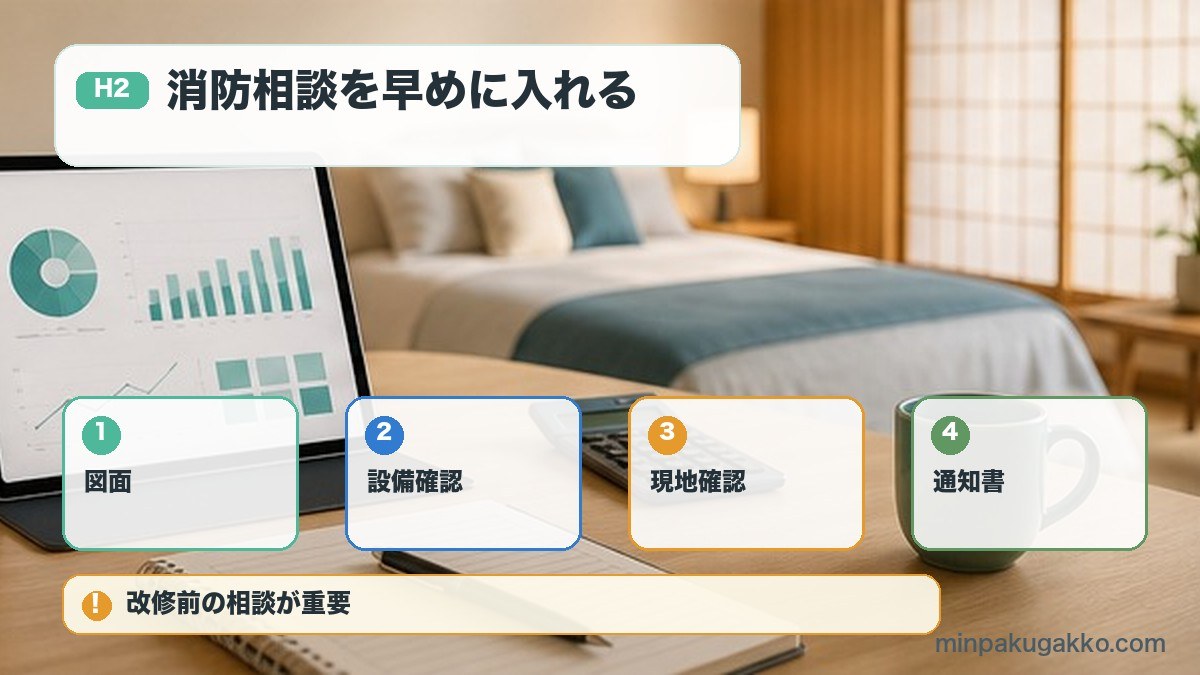 消防相談を早めに入れるを図面、設備確認、現地確認、通知書で整理する図解