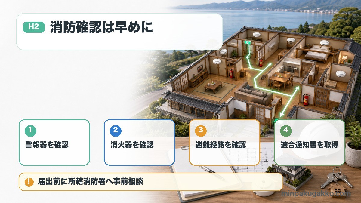 滋賀県の民泊消防確認で警報器、消火器、避難経路、消防法令適合通知書を整理した図