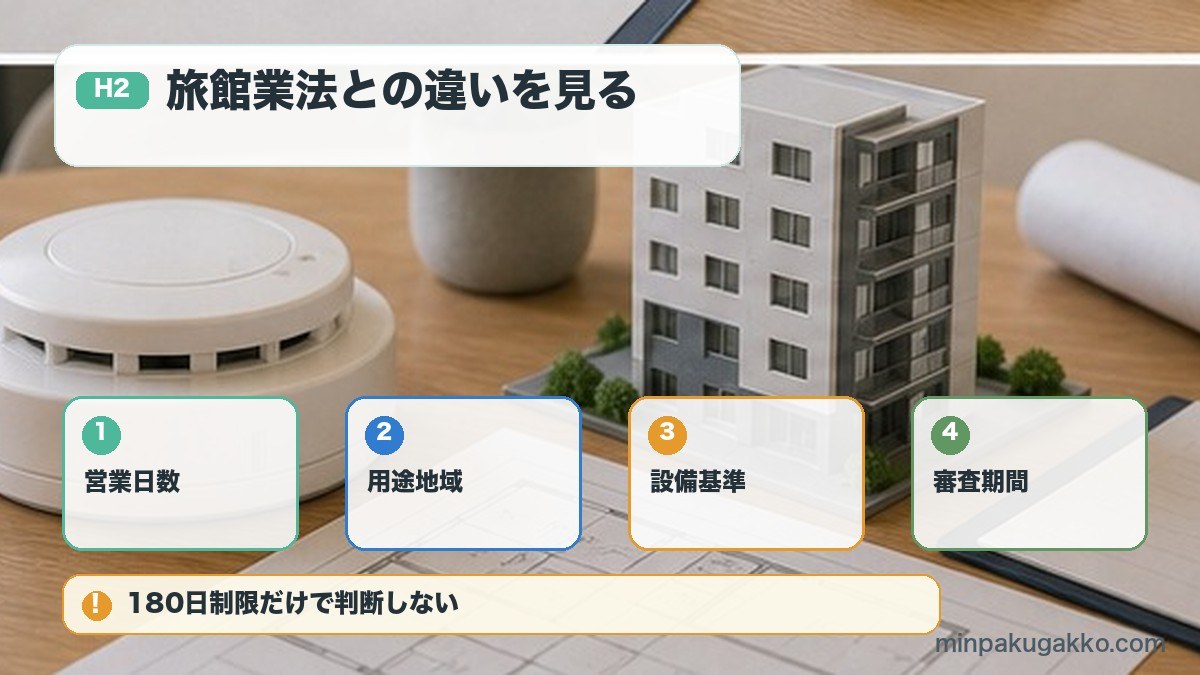 旅館業法との違いを見るを営業日数、用途地域、設備基準、審査期間で整理する図解