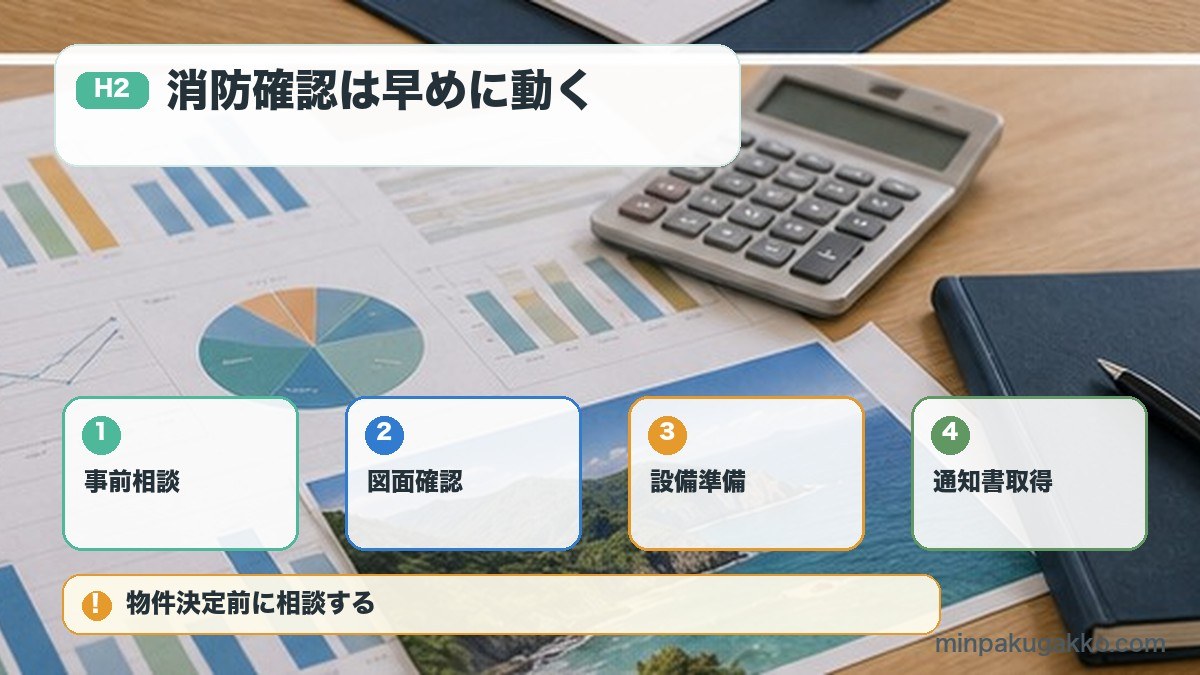消防確認は早めに動くを事前相談、図面確認、設備準備、通知書取得で整理する図解