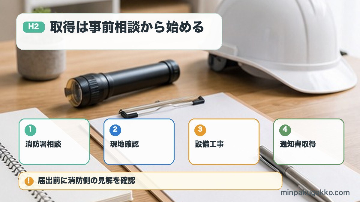 消防法令適合通知書を消防署相談現地確認設備工事通知書取得で進める図解