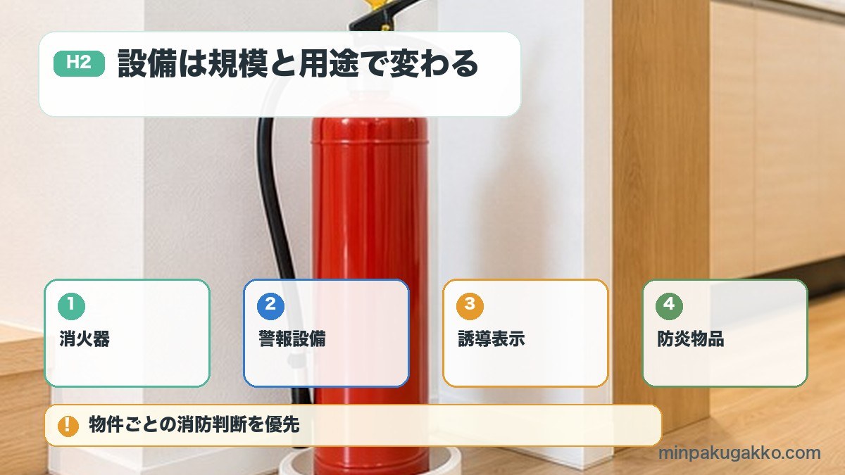 民泊で必要な消火器警報設備誘導表示防炎物品の図解