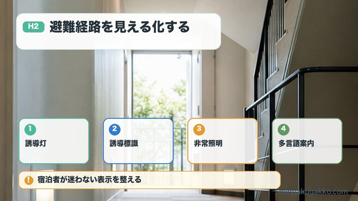 民泊の誘導灯誘導標識非常照明多言語案内を整える図解