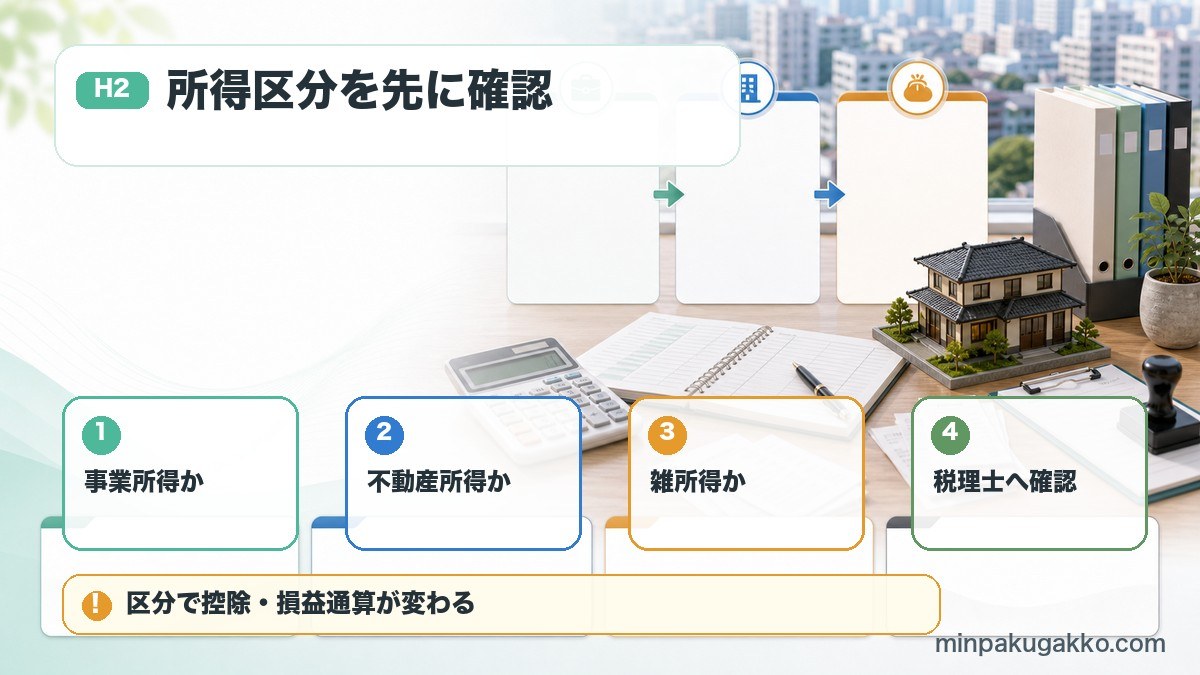 民泊収入の税務区分で事業所得、不動産所得、雑所得、税理士確認を整理した図
