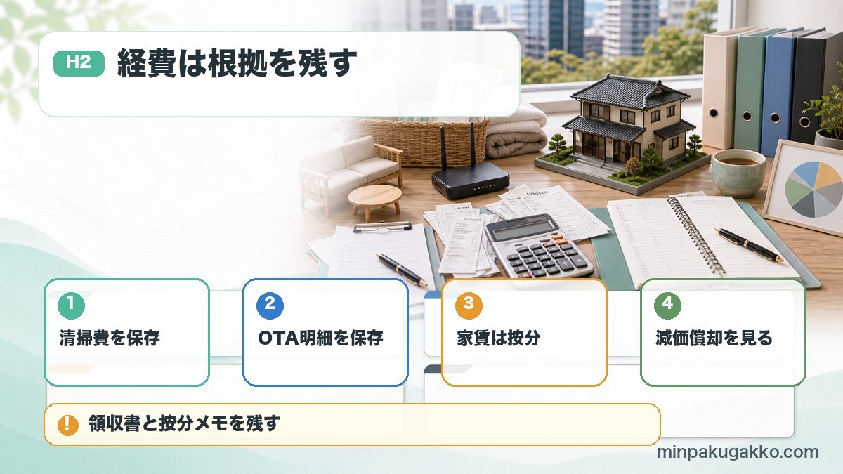 民泊の経費計上で清掃費、OTA明細、家賃按分、減価償却を確認する図
