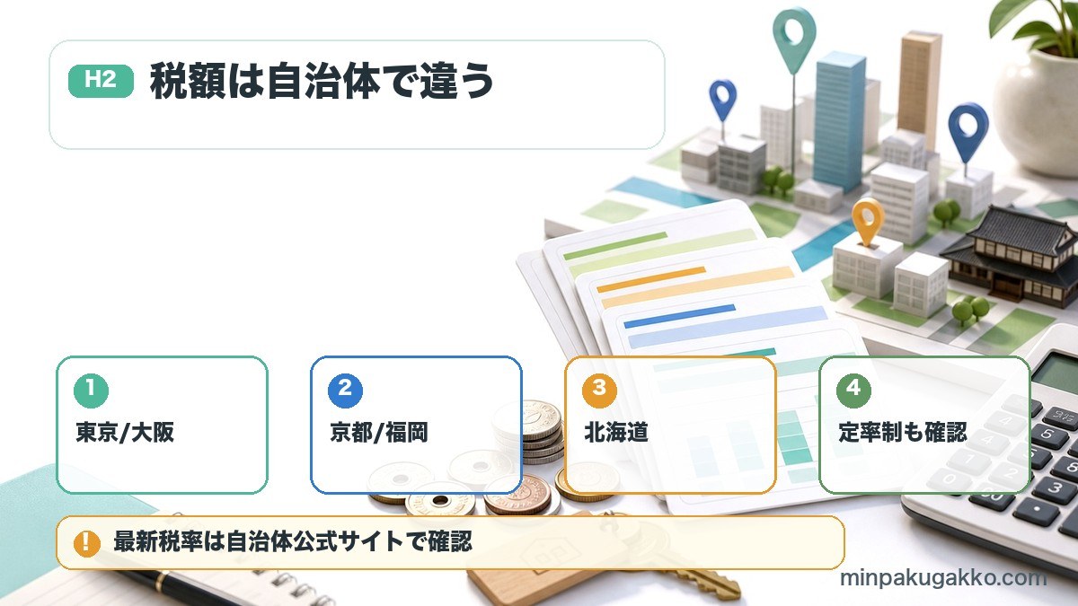 主要自治体の宿泊税で東京、大阪、京都、福岡、北海道、定率制を比較する図