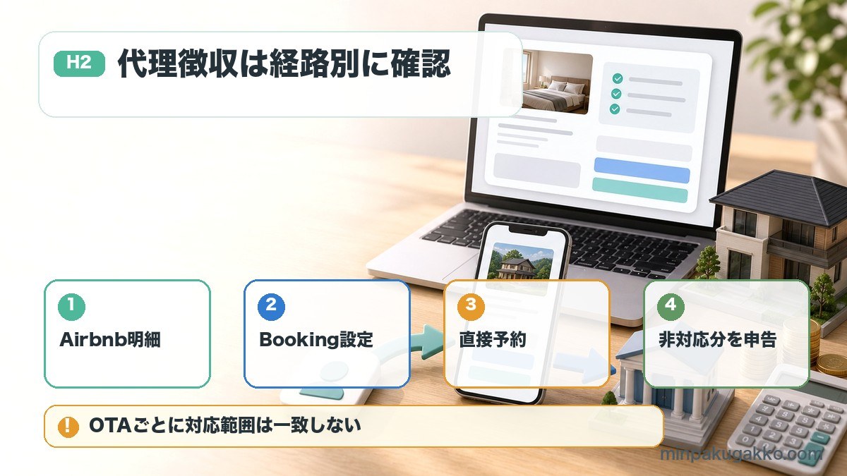 OTA代理徴収でAirbnb明細、Booking設定、直接予約、非対応分申告を確認する図