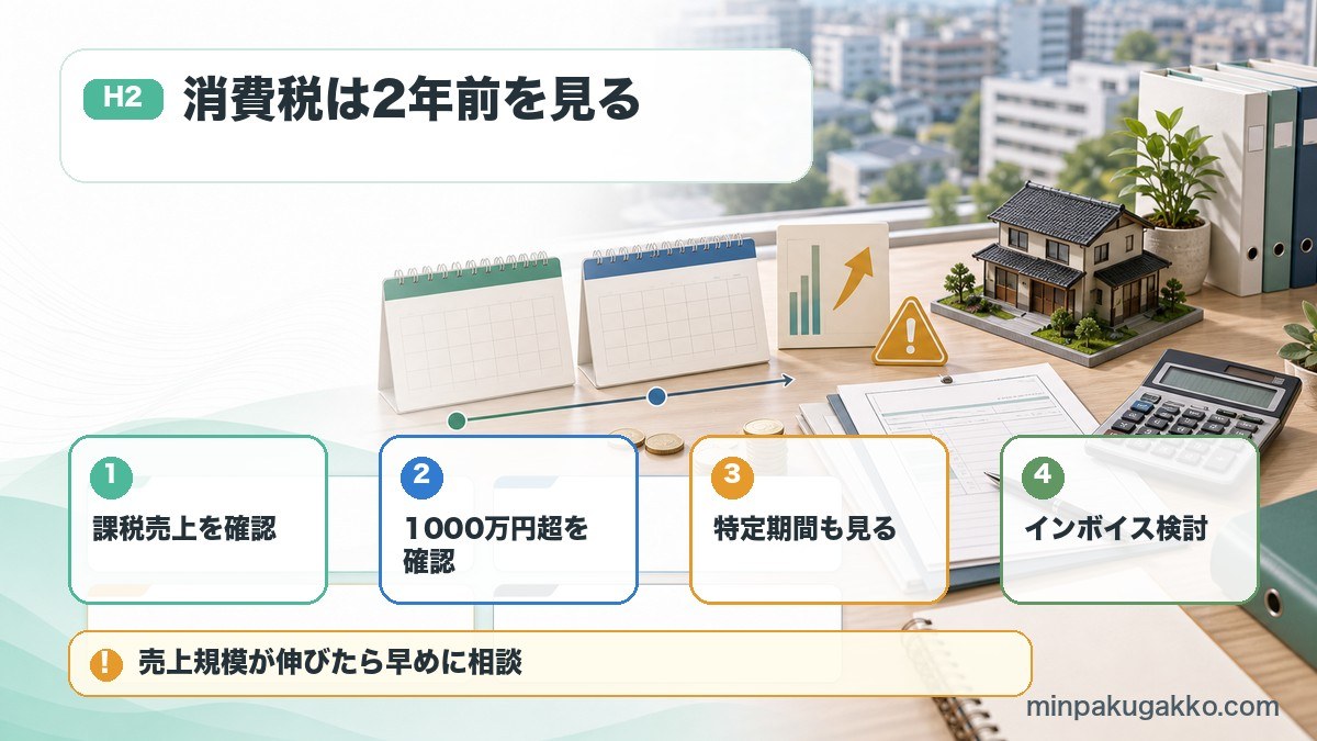 民泊の消費税判定で課税売上、1000万円超、特定期間、インボイスを確認する図