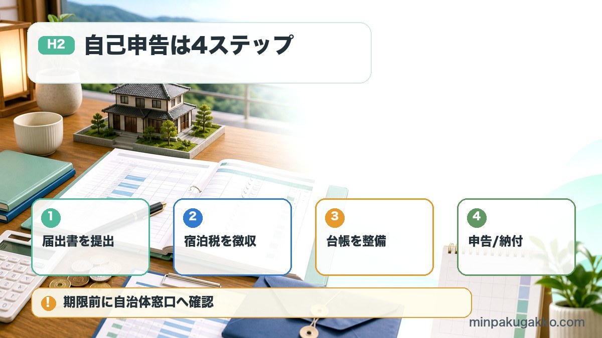 宿泊税の自己申告で届出書提出、宿泊税徴収、台帳整備、申告納付を整理した図