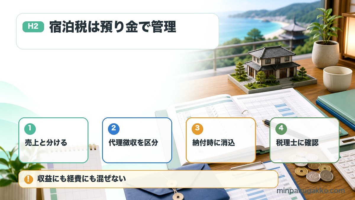 宿泊税の会計処理で売上区分、代理徴収区分、納付時消込、税理士確認を整理した図
