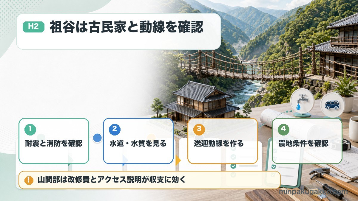 祖谷エリアの民泊で古民家の耐震、消防、水道、送迎、農地条件を確認する図