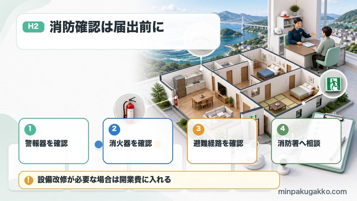 徳島県の民泊開業前に警報器、消火器、避難経路、消防署相談を確認する図