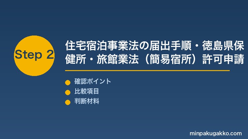 徳島鳴門民泊 Step2 住宅宿泊事業法の届出手順・徳島県保健所・旅館業法(簡易宿所)許可申請の比較を実施する