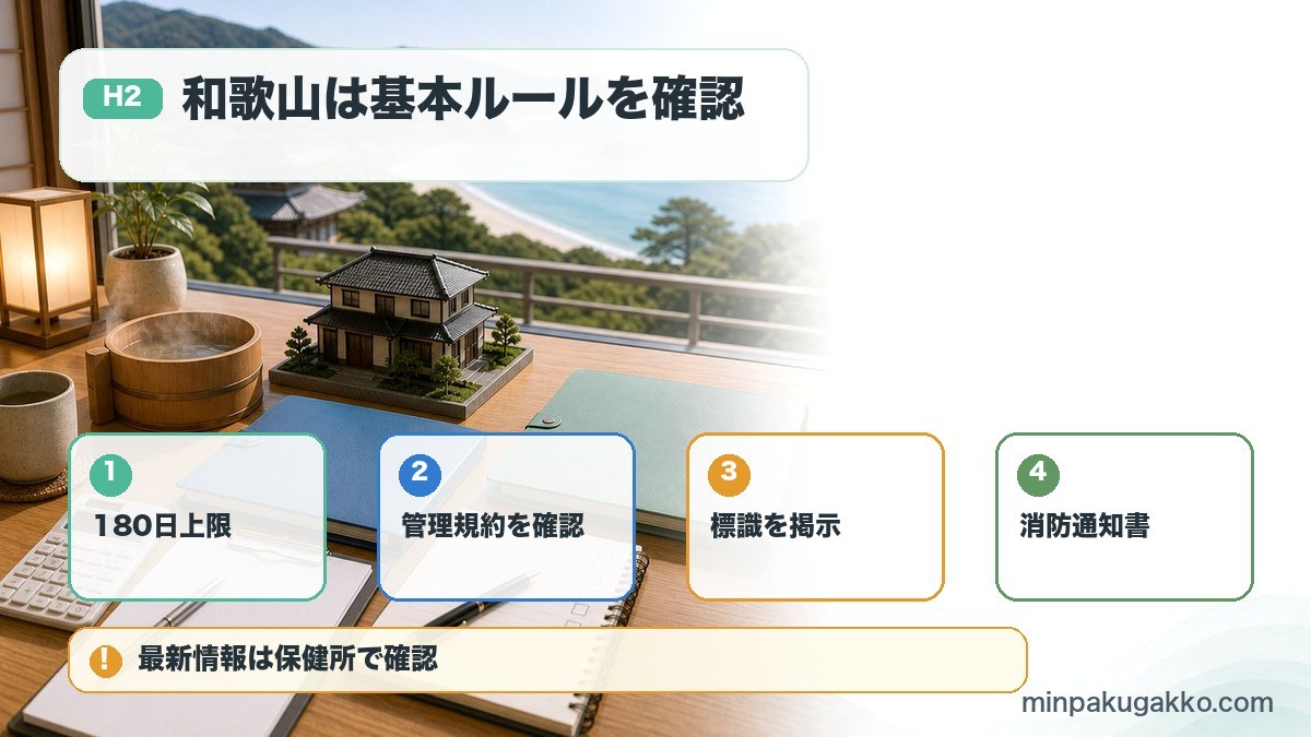 和歌山県の民泊届出条件で180日上限、管理規約、標識掲示、消防通知書を確認する図
