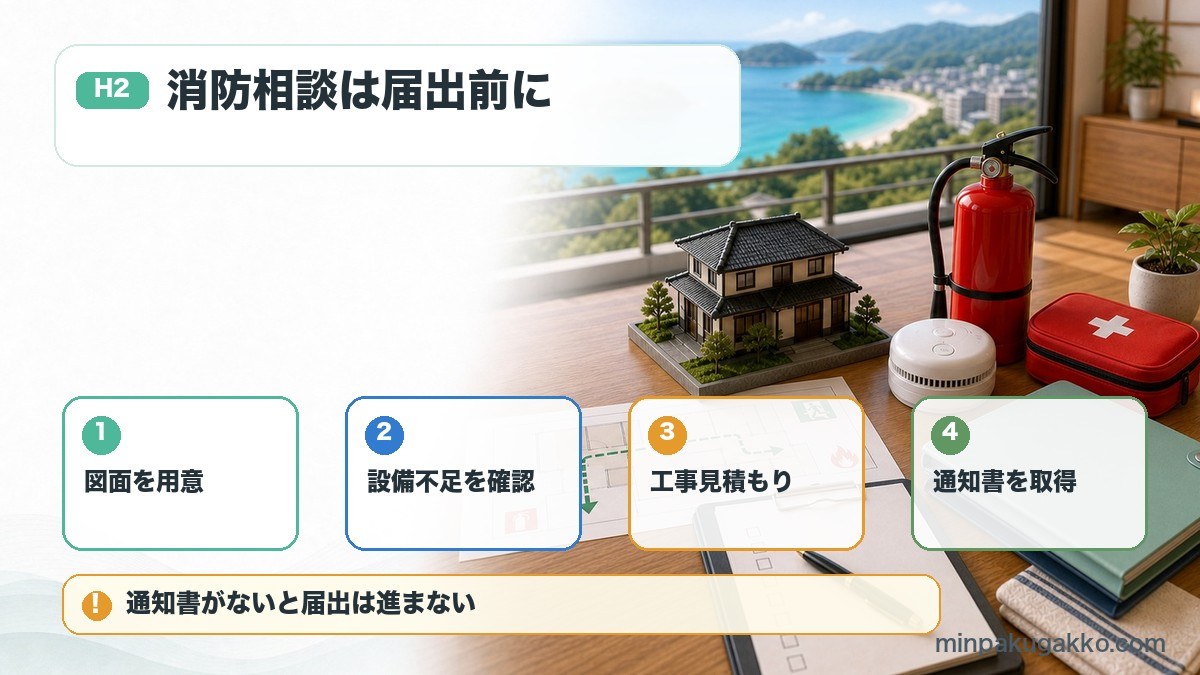 和歌山県の民泊消防対応で図面、設備不足、工事見積、消防法令適合通知書を整理した図