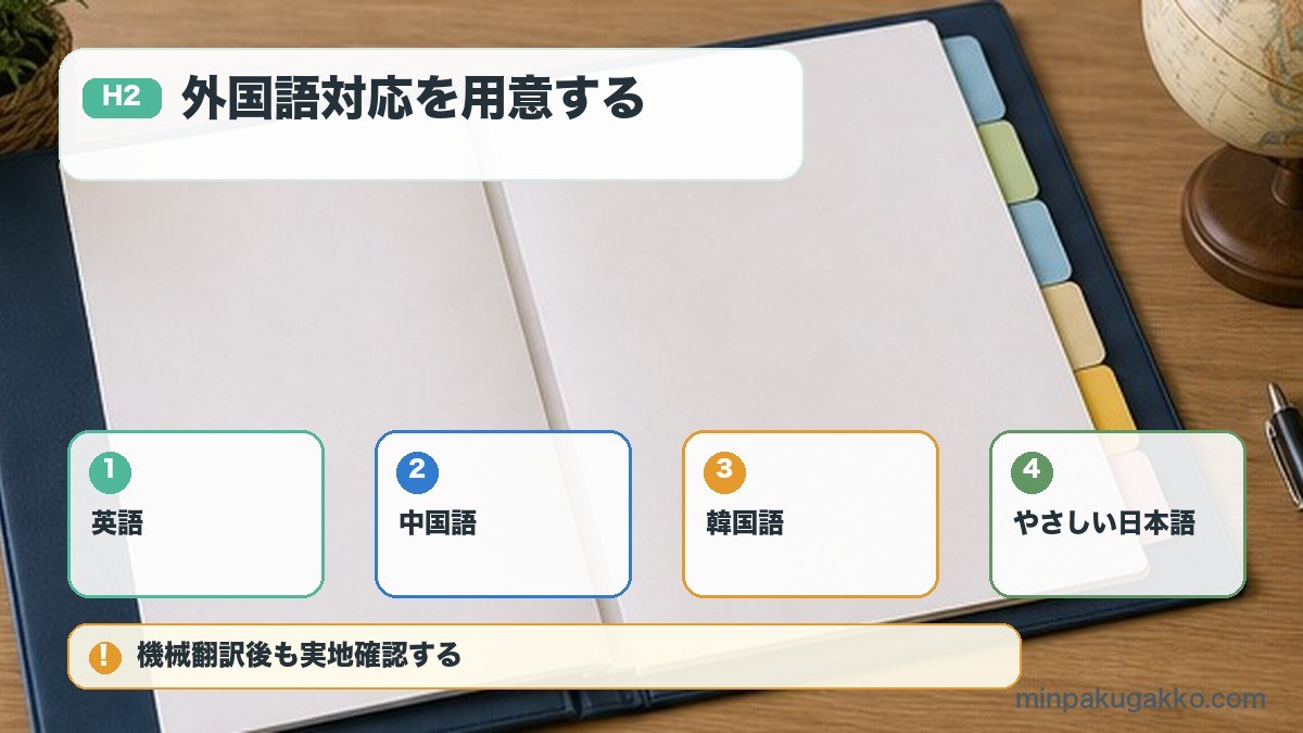 外国人ゲスト向けの英語中国語韓国語やさしい日本語対応を整理する図解