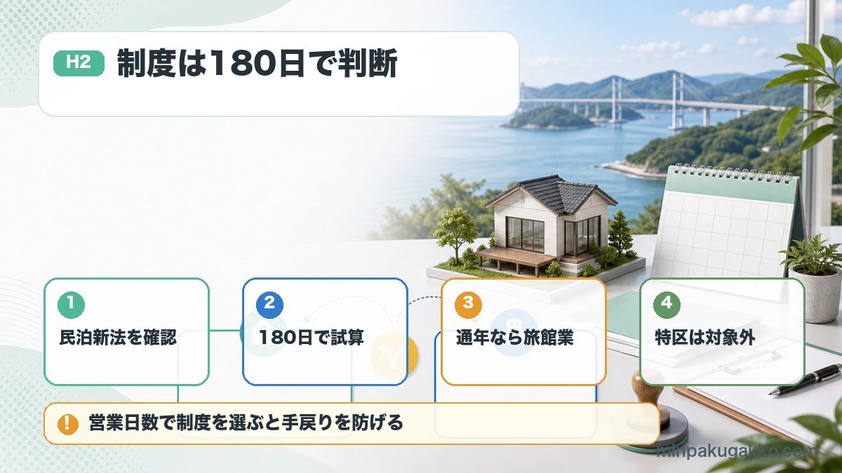 山口県の民泊制度で住宅宿泊事業、180日試算、旅館業、特区民泊対象外を整理した図