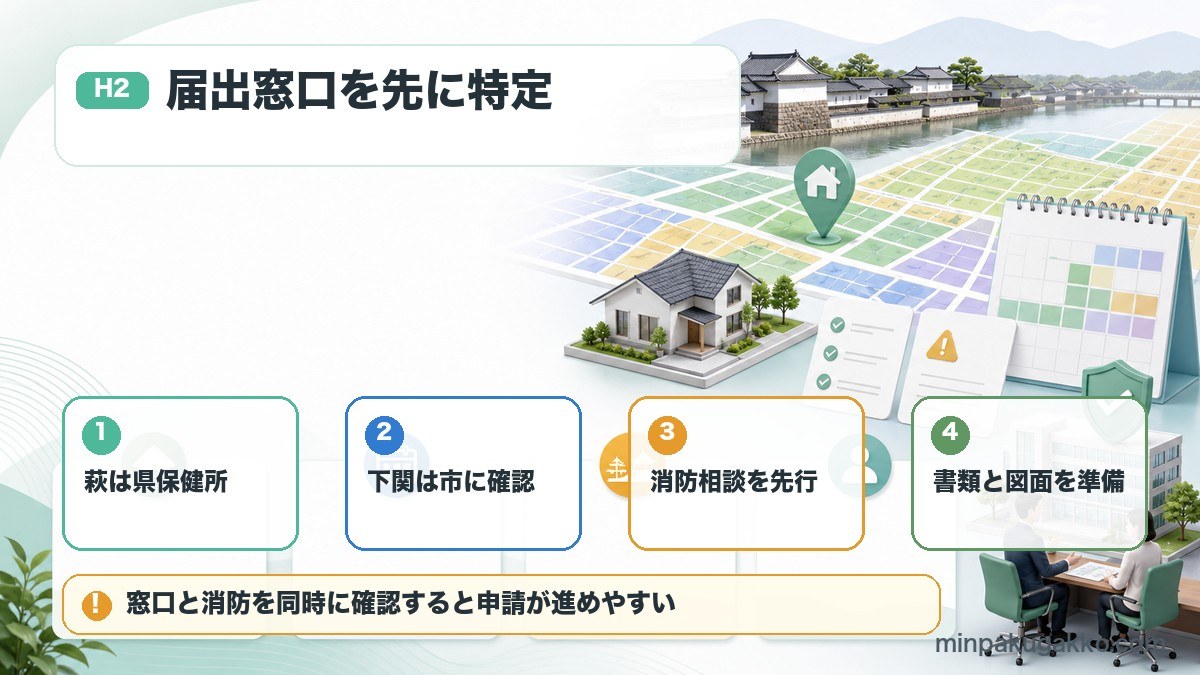 萩市、下関市、山口県各保健所の民泊届出窓口と消防相談、書類準備を整理した図