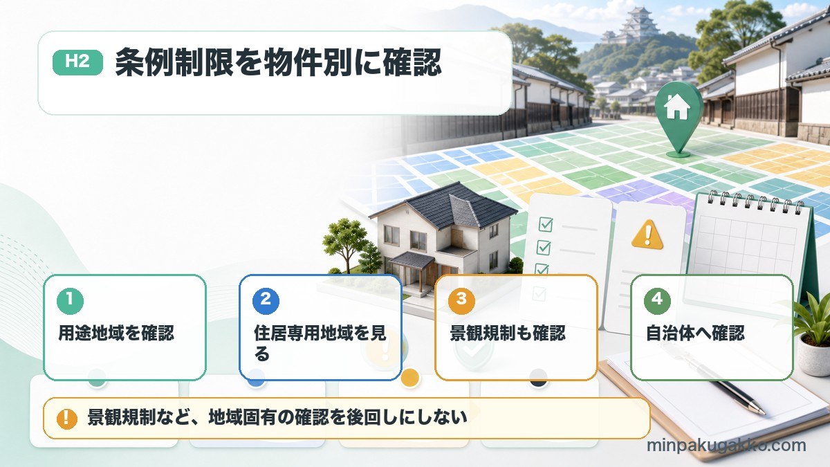 山口県の民泊条例で用途地域、住居専用地域、景観規制、自治体最新確認を整理した図