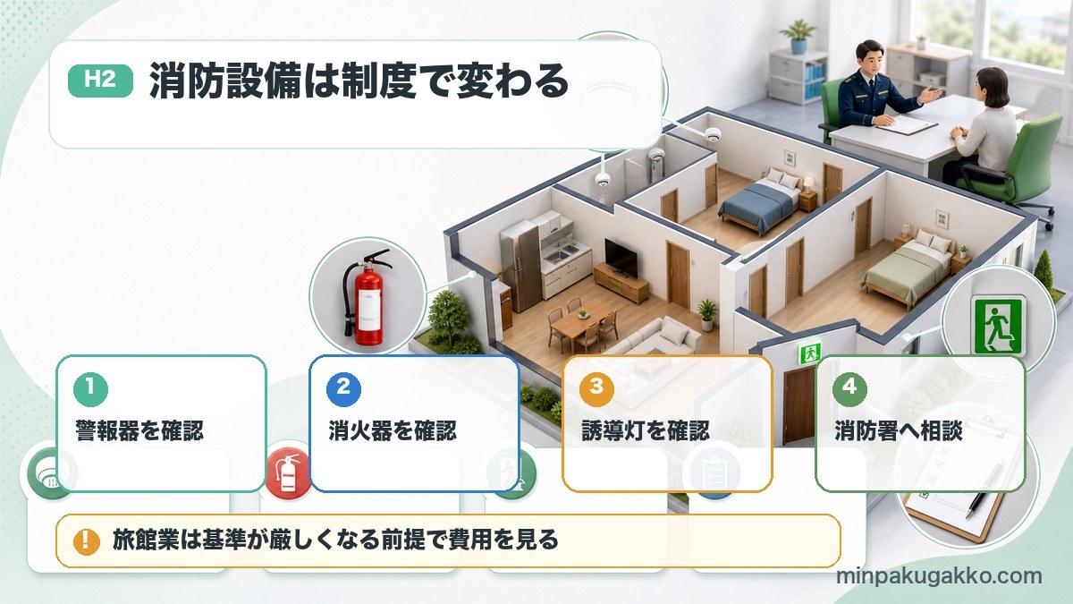 山口県の民泊で住宅宿泊事業法と旅館業法に応じた警報器、消火器、誘導灯、消防署相談を整理した図