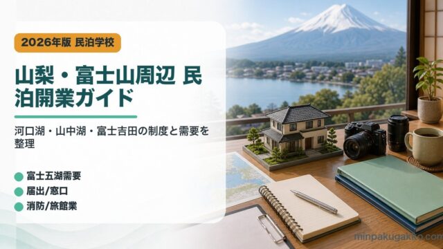山梨県の富士山周辺民泊開業で河口湖、山中湖、富士吉田の需要、届出窓口、消防、旅館業を整理したアイキャッチ画像