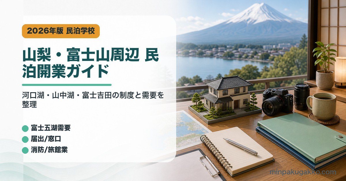 山梨県の富士山周辺民泊開業で河口湖、山中湖、富士吉田の需要、届出窓口、消防、旅館業を整理したアイキャッチ画像