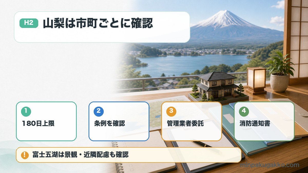 山梨県の民泊届出条件で180日上限、条例確認、管理業者委託、消防通知書を整理した図
