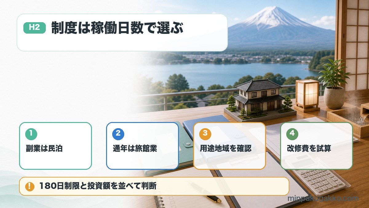 富士山周辺の民泊制度選びで副業民泊、通年旅館業、用途地域、改修費を比較する図