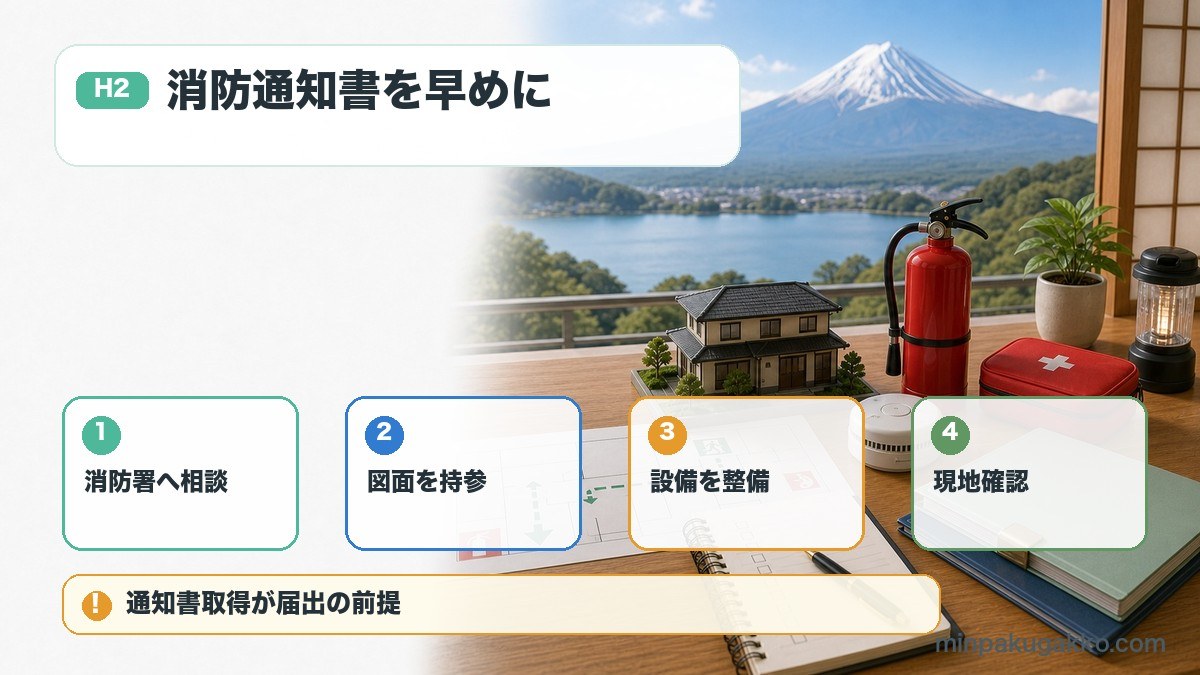 山梨県富士山周辺の民泊消防対応で消防署相談、図面持参、設備整備、現地確認を整理した図