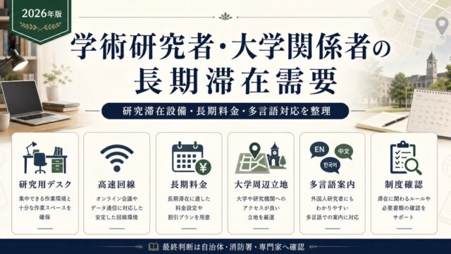 学術研究者・大学関係者の長期滞在需要に対応する研究滞在設備、長期料金、多言語対応、制度確認をまとめたアイキャッチ画像