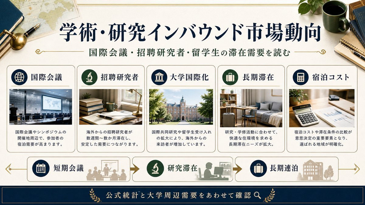 学術・研究インバウンド市場動向を国際会議、招聘研究者、大学国際化、長期滞在、宿泊コストで整理した図解